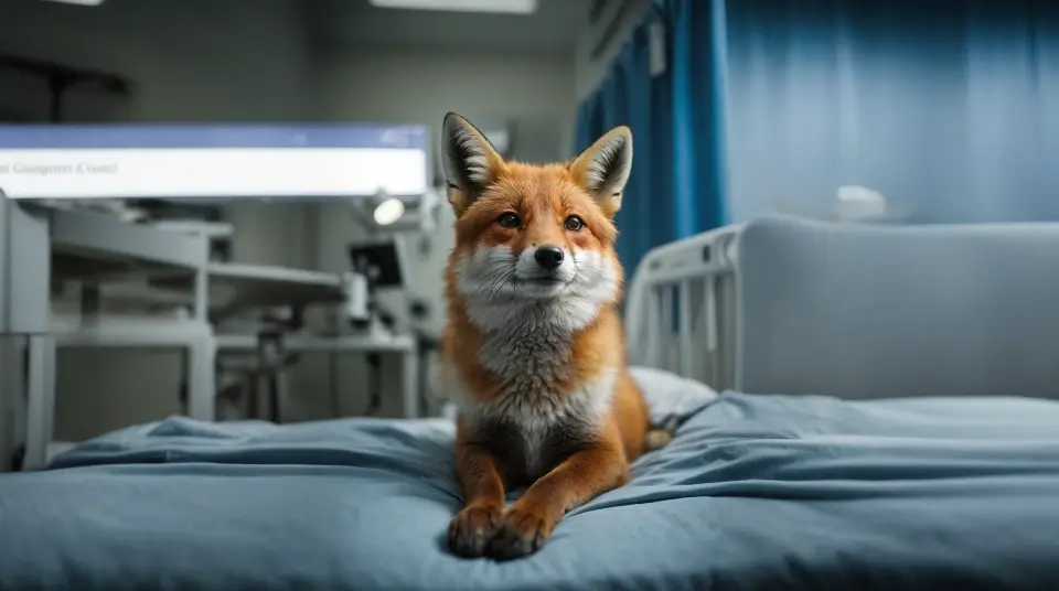 Wir digitalisieren Ihre Spital-Prozesse 28 Klinik Prozesse digitalisieren symbolisiert durch Planfox auf Bett im Krankenhauszimmer