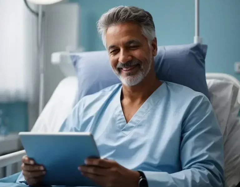 PhotoReal Realistic picture of smiling man as patient in hospi 1 min 1 1 e1708208283399 Patientenportal